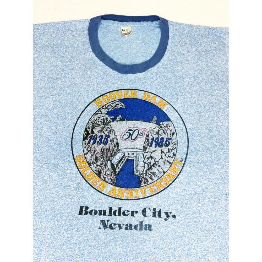 Vintage 1985 Hoover Dam Ringer T-shirt XL Blue Boulder City Nevada Las Vegas